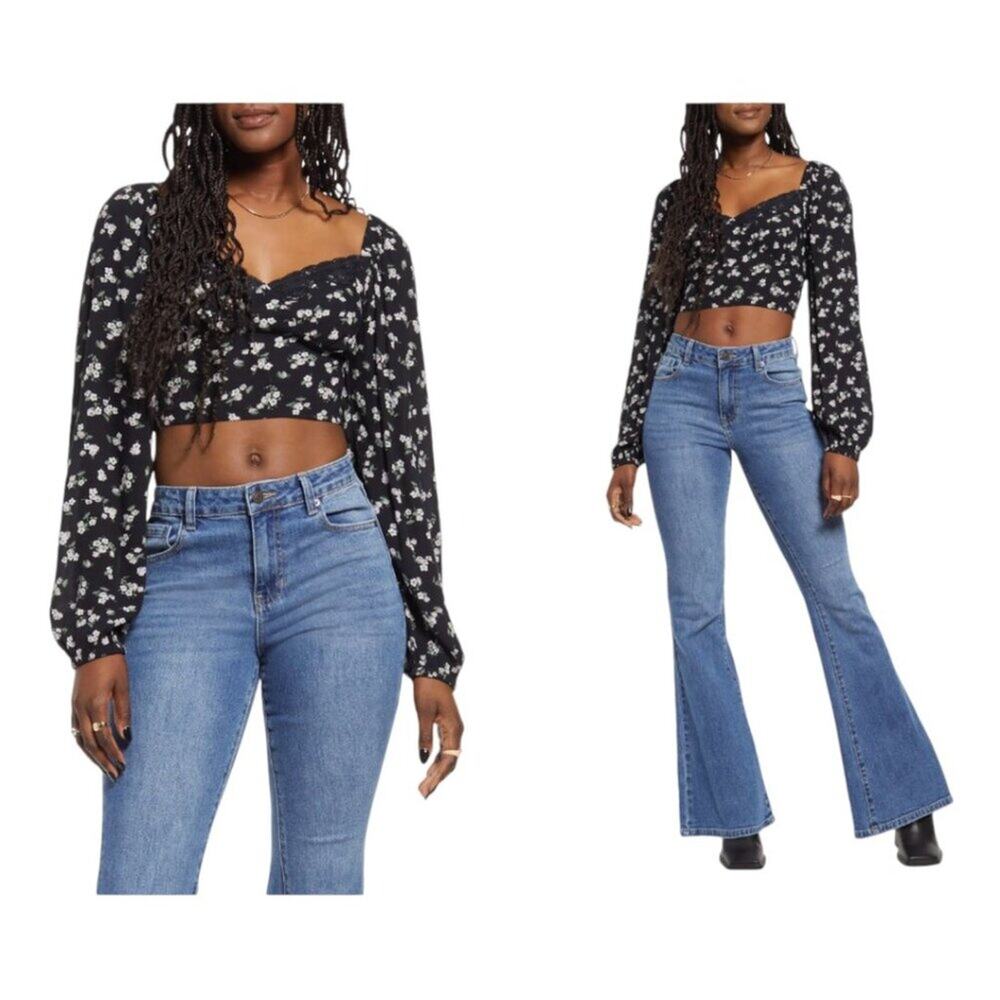 BP Lace Trim Long Sleeve Crop Top Black Floral Size Medium NWOT $49 MSRP